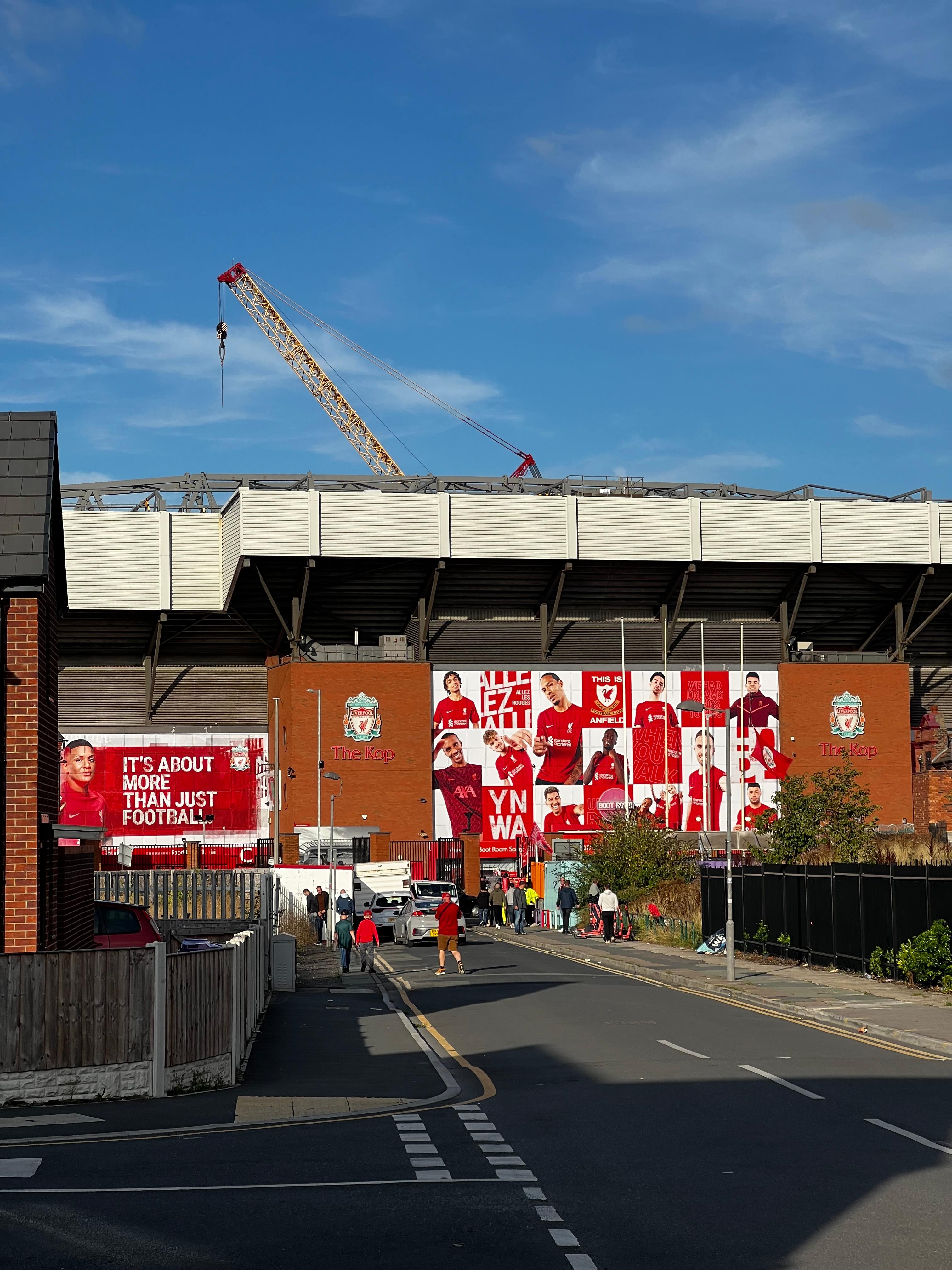 Liverpool FC crest on the exterior of Anfield Stadium