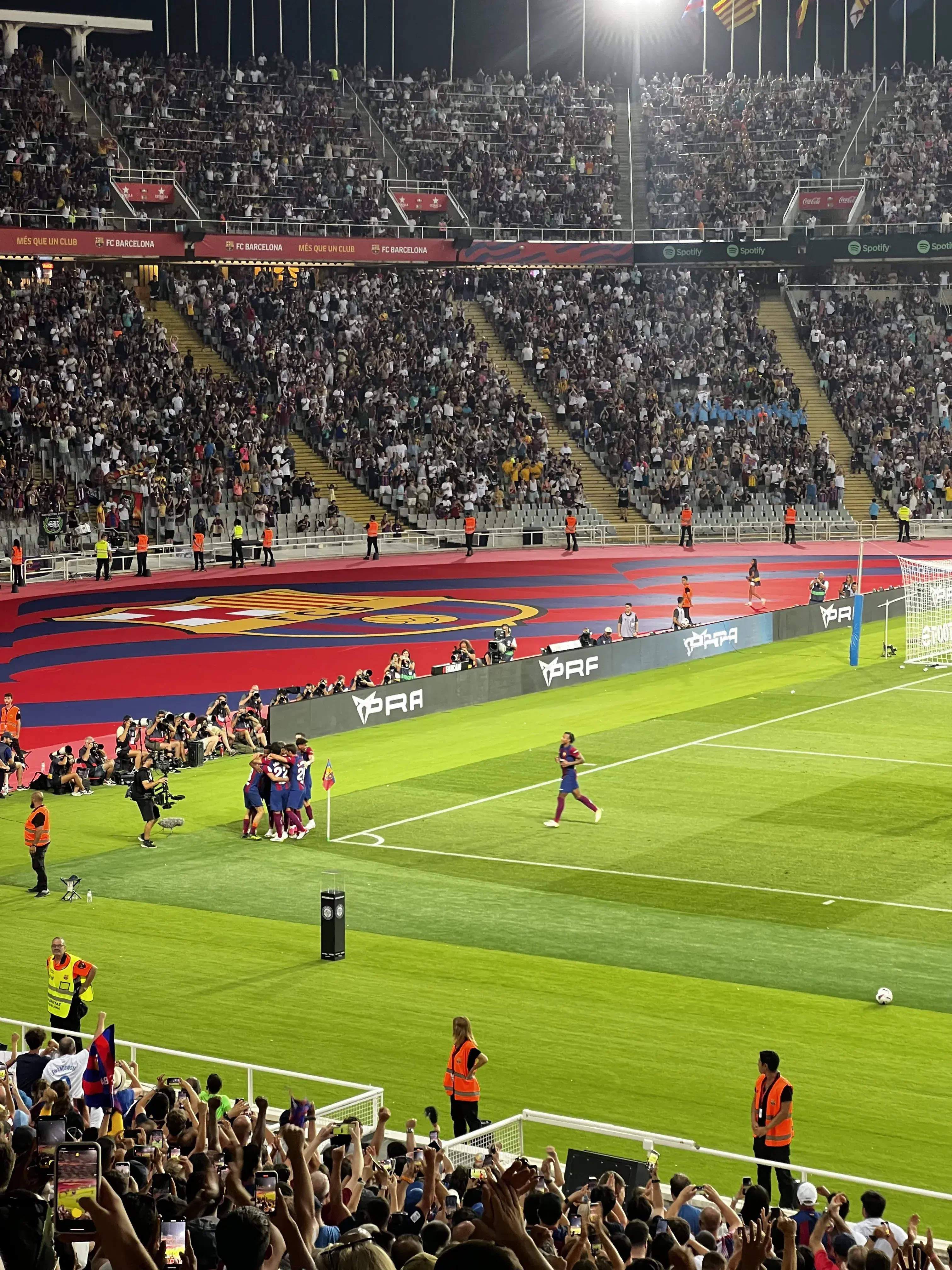FC Barcelona players celebrating a goal at Estadi Olímpic Lluís Companys in Montjuïc