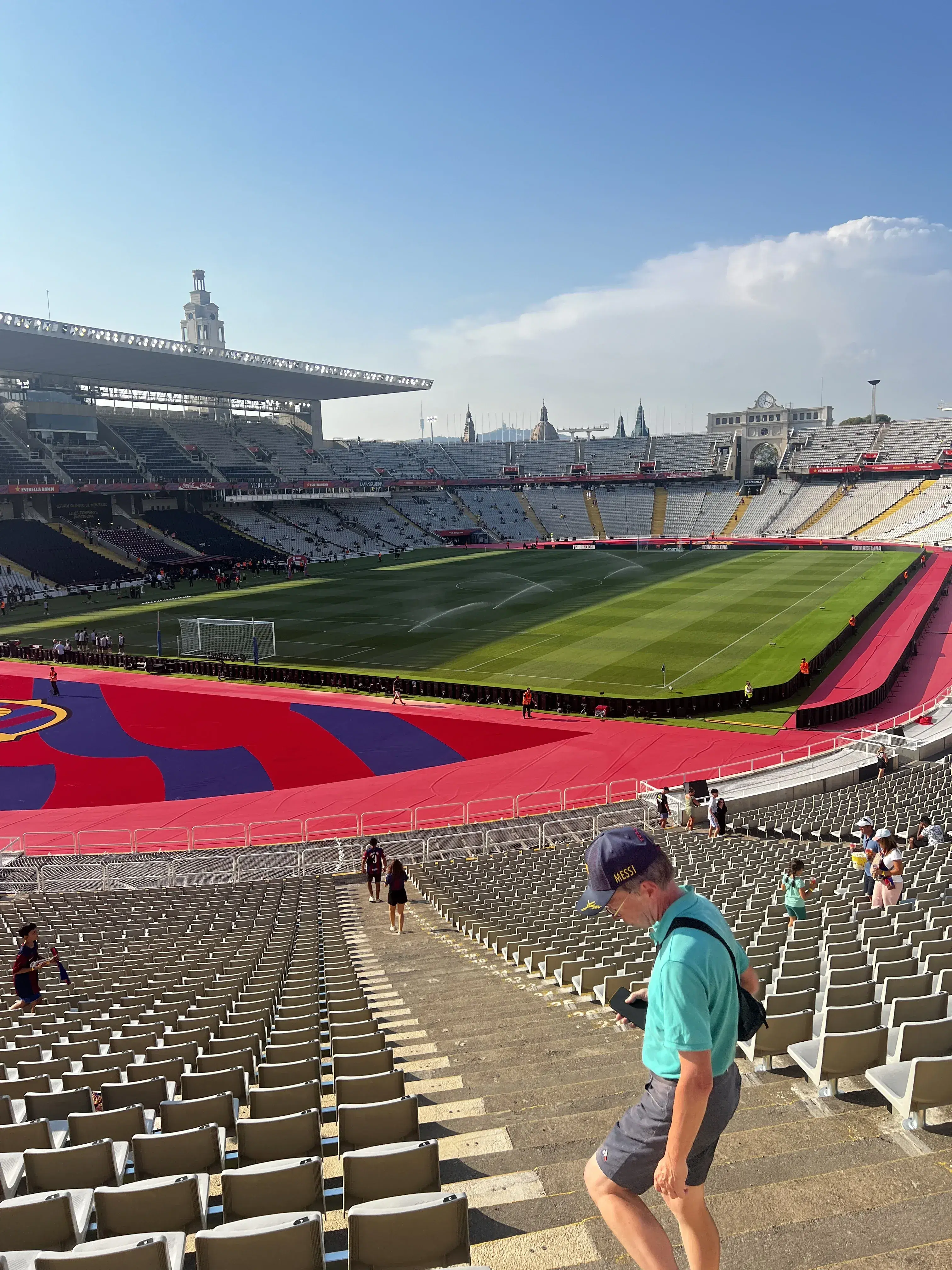 Upper tier seating view inside Estadi Olímpic Lluís Companys in Barcelona before a match