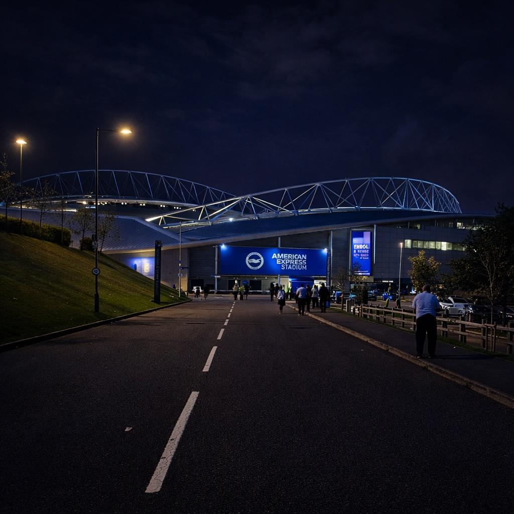 American Express Stadium at night with fans walking toward the entrance