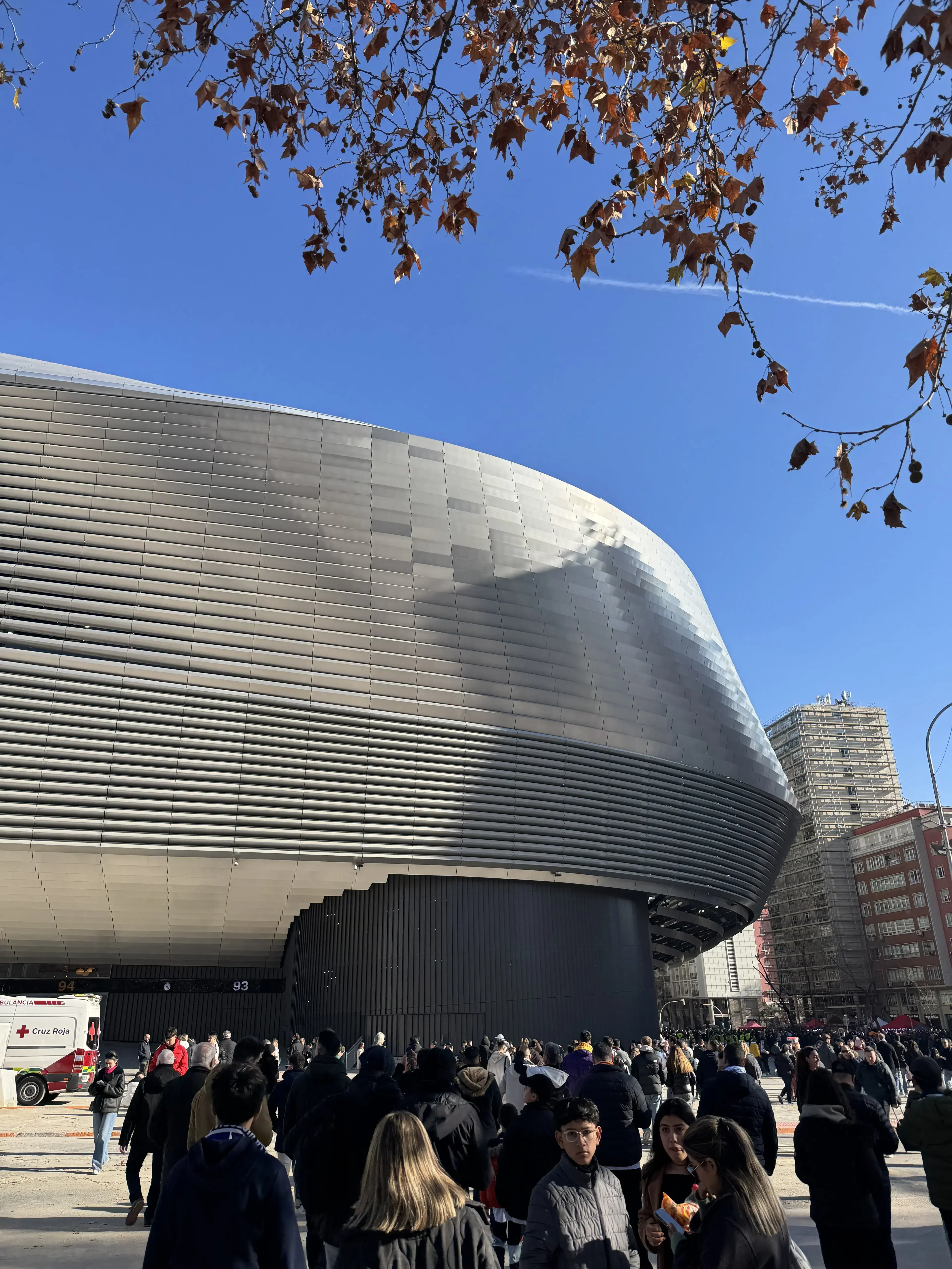 Crowds outside Santiago Bernabéu Stadium before a match